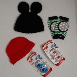 Baby bundle beanies, knee pads, pacifiers
